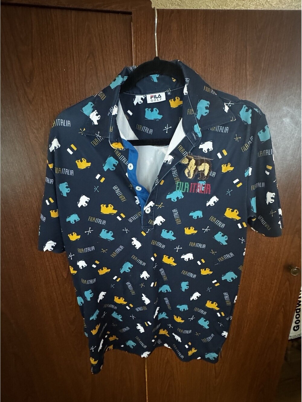 FILA Golf Mens M FILA Italia Bear Polo Shirt All Over Print Japan Stretch